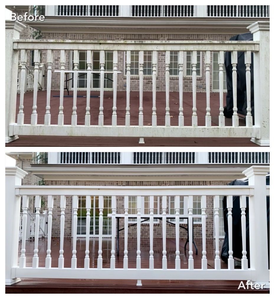 A before and after photo of a white railing on a deck