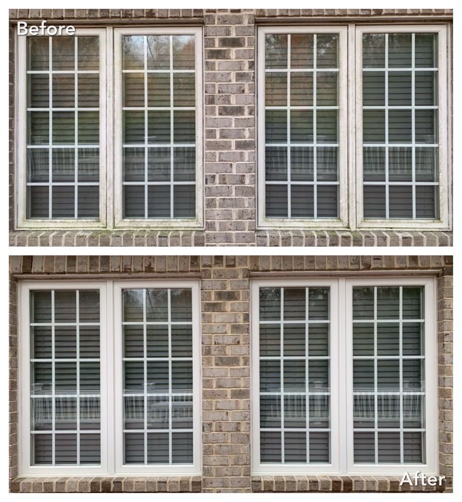 A before and after picture of a brick building with white windows.