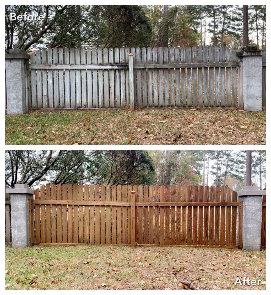 A before and after picture of a wooden fence.