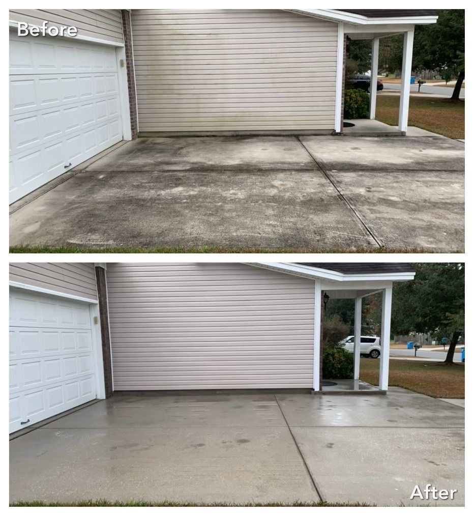 A before and after photo of a concrete driveway in front of a house.
