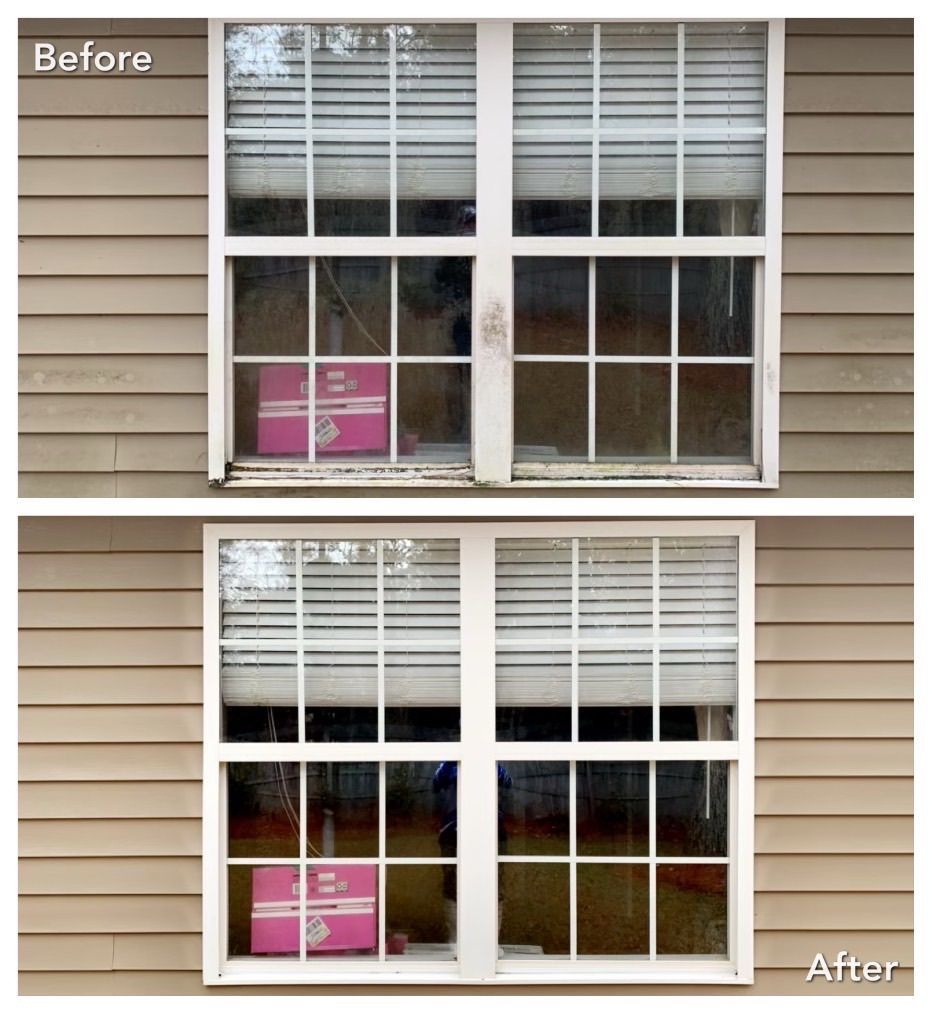 A before and after picture of a window with blinds