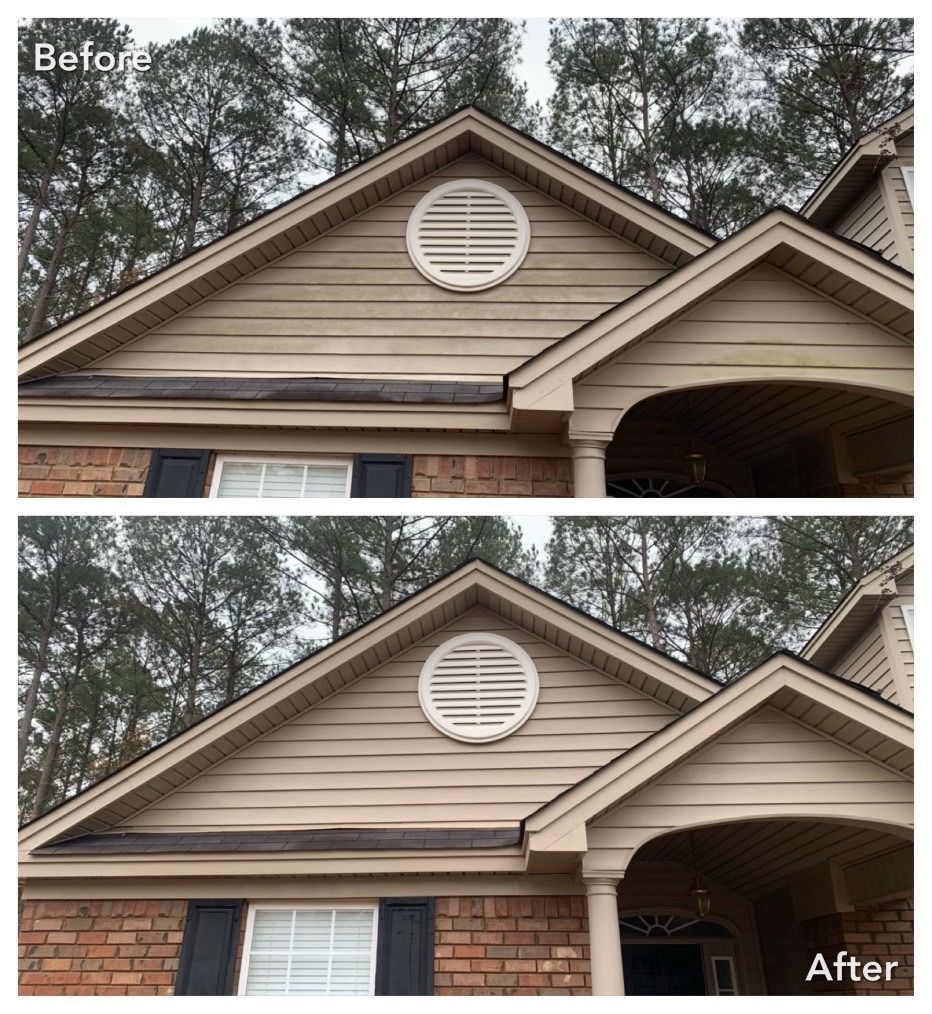 A before and after picture of a house with a round window on the roof.