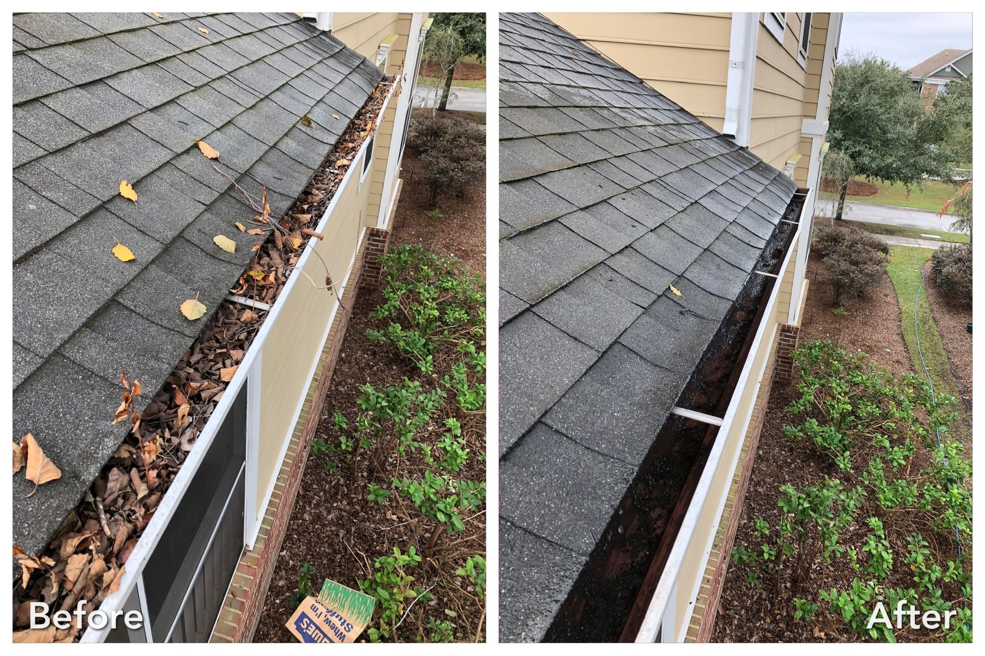 A before and after picture of a gutter cleaning on a house.