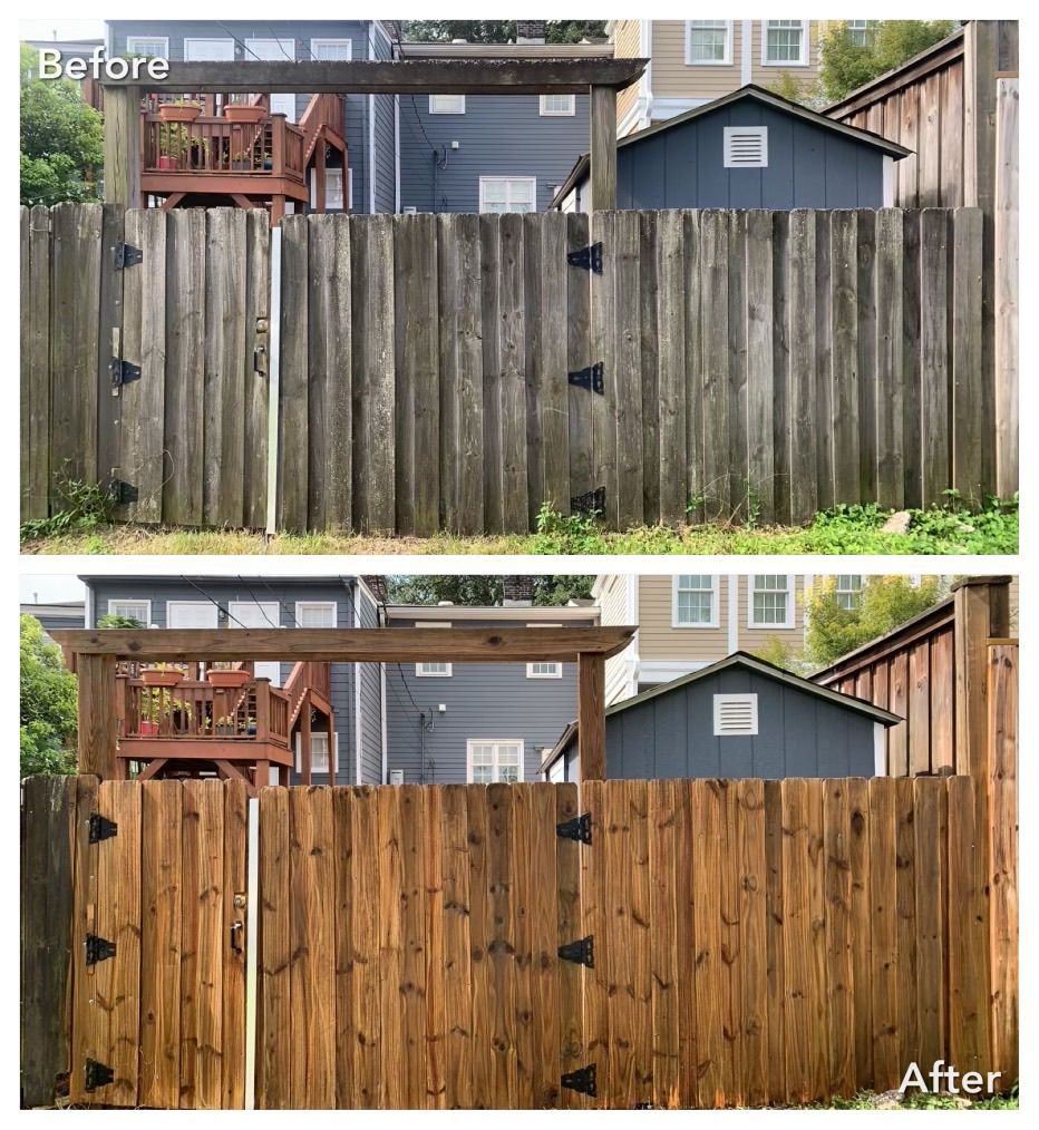 A before and after photo of a wooden fence.