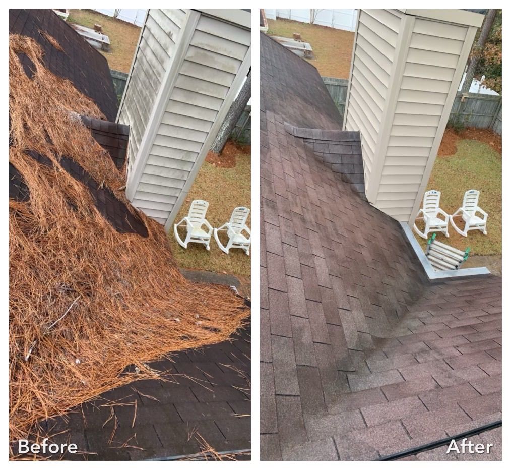 A before and after photo of a roof with pine needles on it.