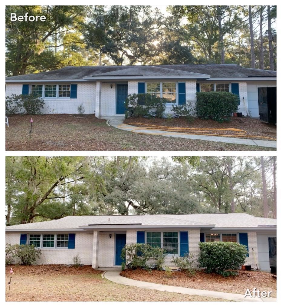 A before and after photo of a house with blue shutters