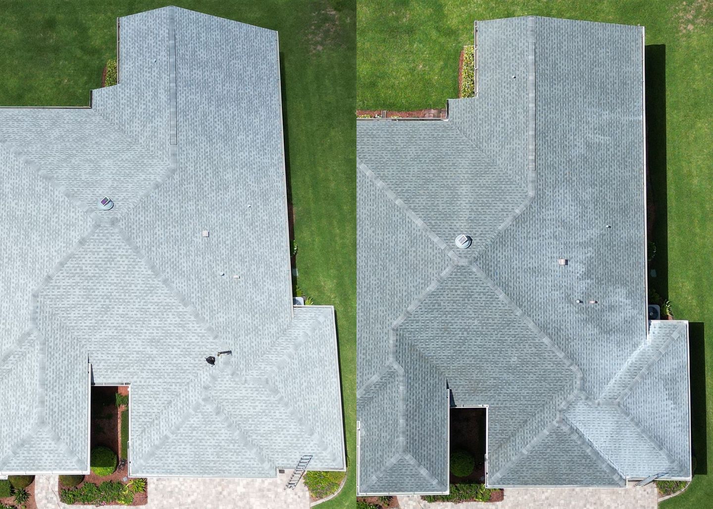 A before and after aerial view of a roof of a house.
