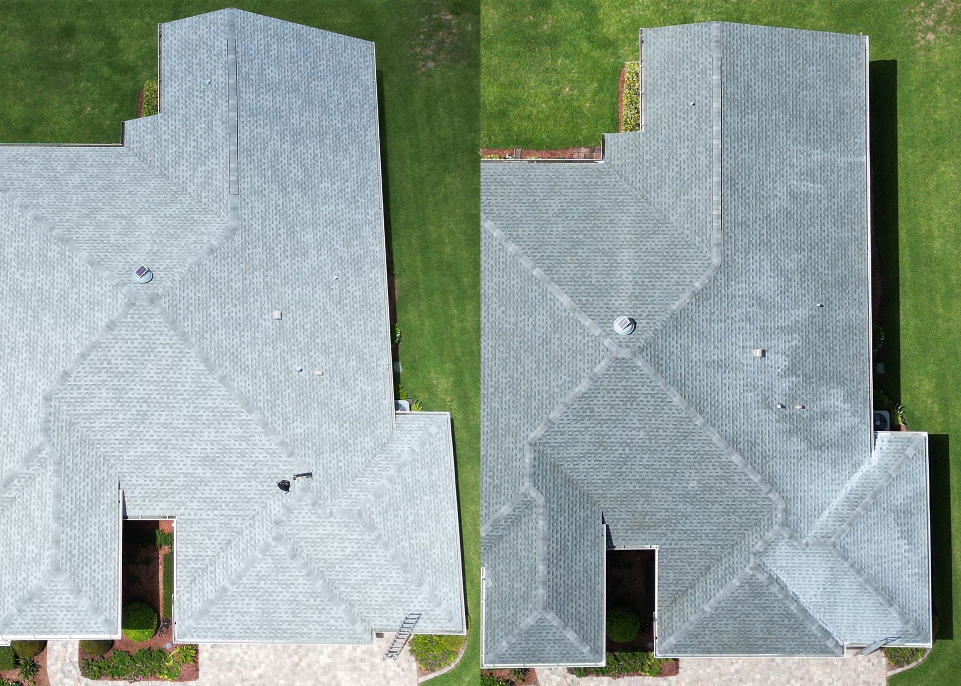 A before and after aerial view of a roof of a house.
