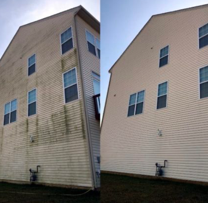 A before and after picture of a house with a lot of windows