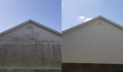 A before and after picture of a house with a blue sky in the background.