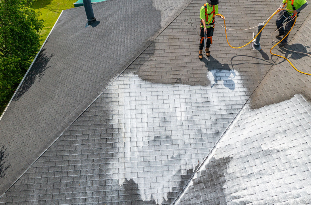 A couple of men are cleaning a roof with a hose.