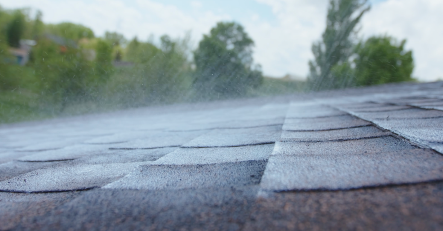 A close up of a roof in the rain with trees in the background.