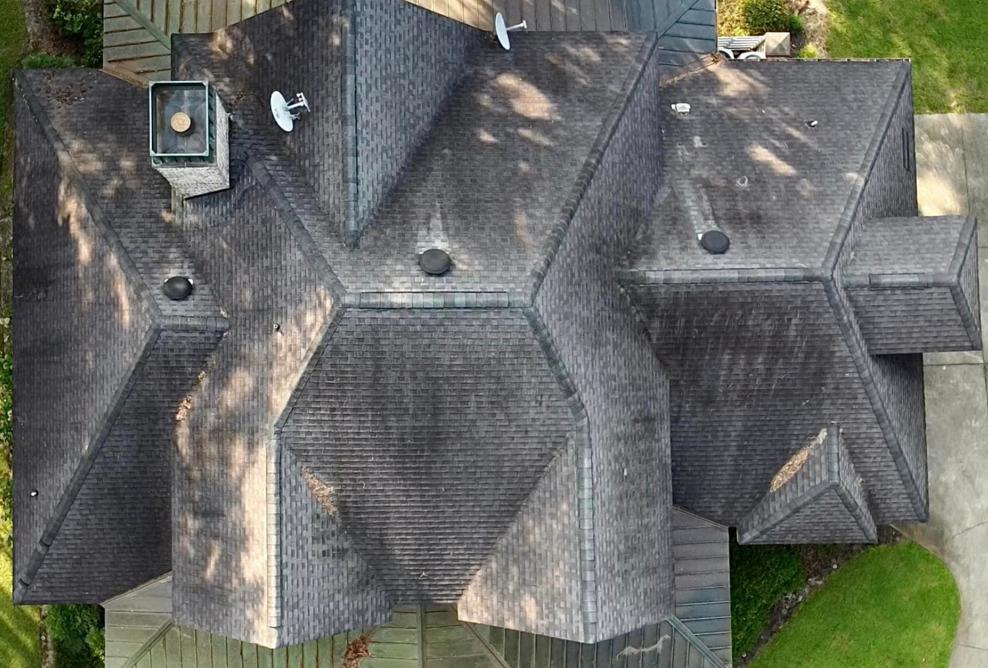 An aerial view of the roof of a house.
