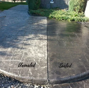 A sidewalk is shown before and after being sealed