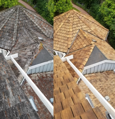 A before and after photo of a wooden roof