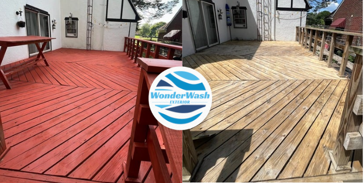 A before and after picture of a wooden deck.