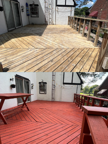 A before and after picture of a wooden deck being painted red.