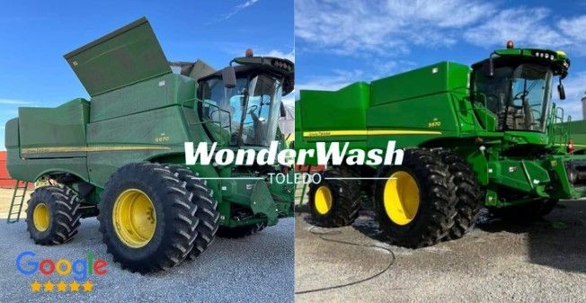 A green john deere combine harvester is being cleaned by wonder wash