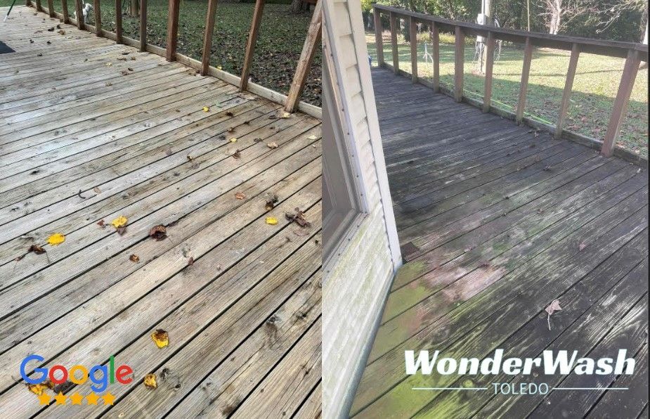 A before and after photo of a wooden deck.