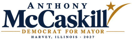 Anthony McCaskill for Democrat for Mayor campaign logo, dark blue and gold text on white background