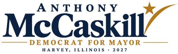 Anthony McCaskill for Democrat Mayor logo in blue and gold, Harvey, Illinois, 2027