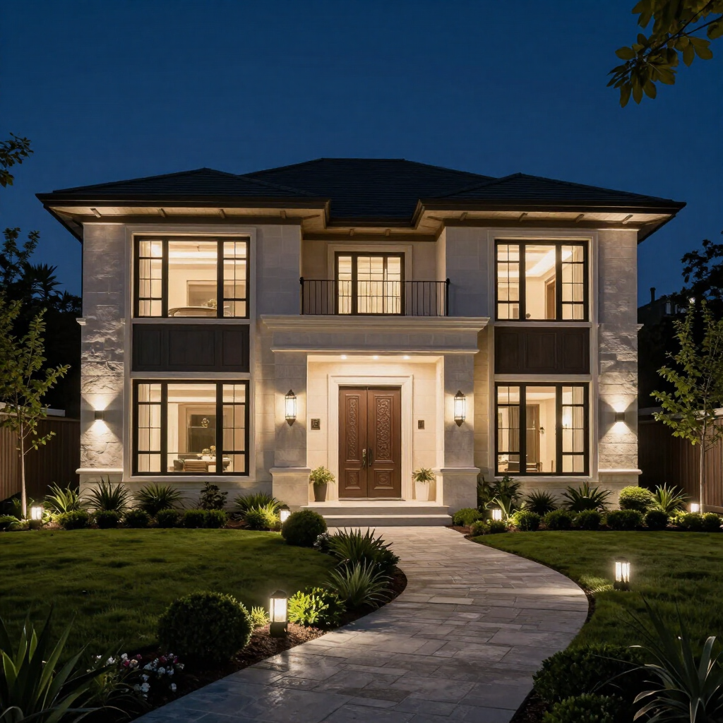 Illuminated two-story modern house at night with a curved stone walkway and landscaped front yard