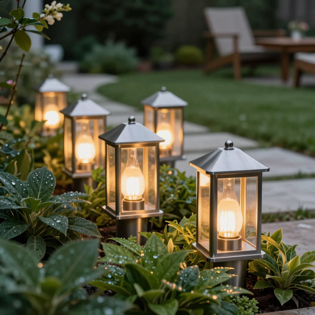 Warm garden path lit by four lanterns beside green plants at dusk