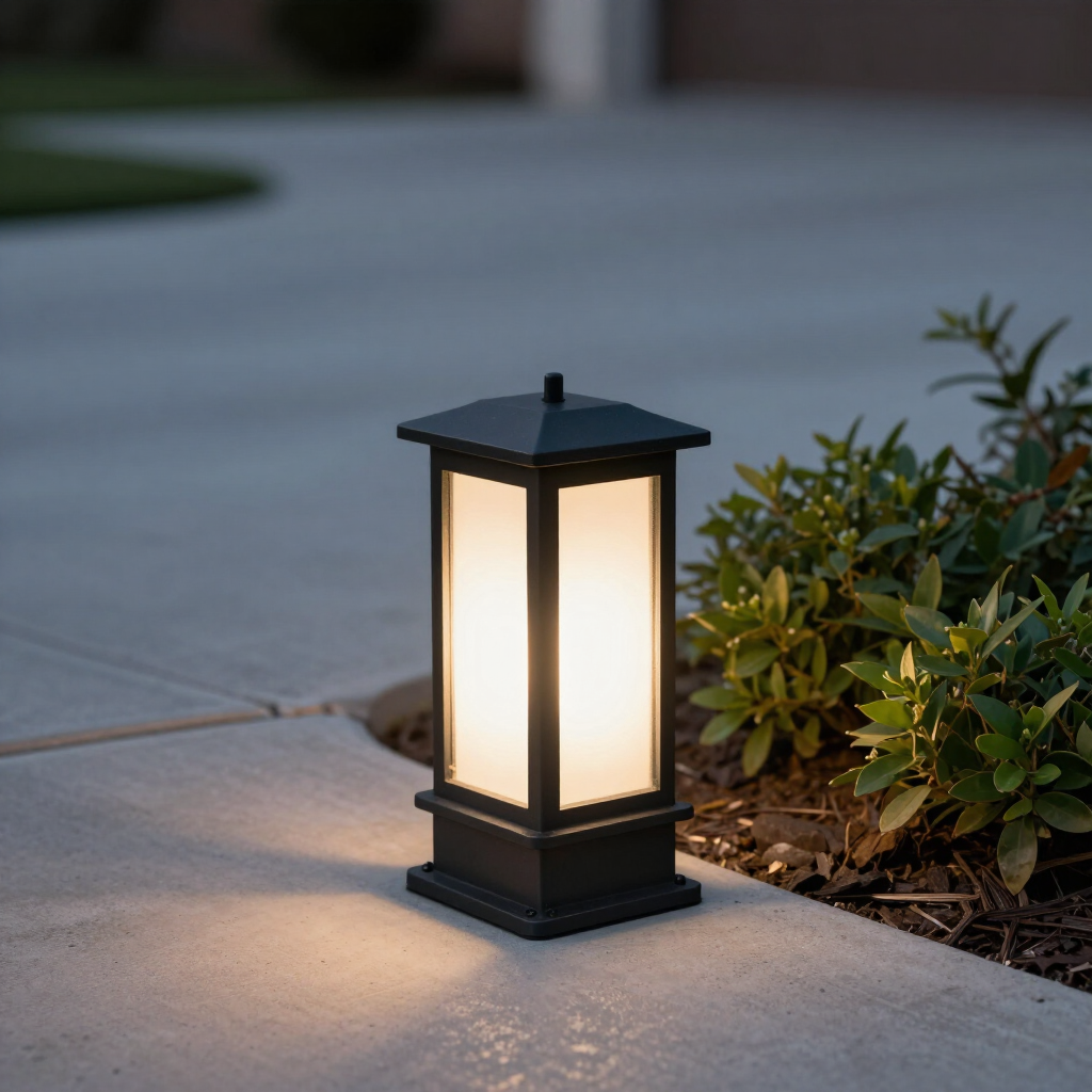 Black outdoor lantern glowing beside a sidewalk near a small shrub at dusk