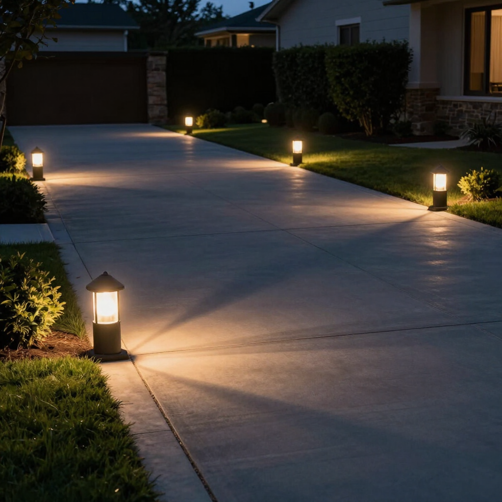Lit suburban driveway at night with small pathway lights along the edges