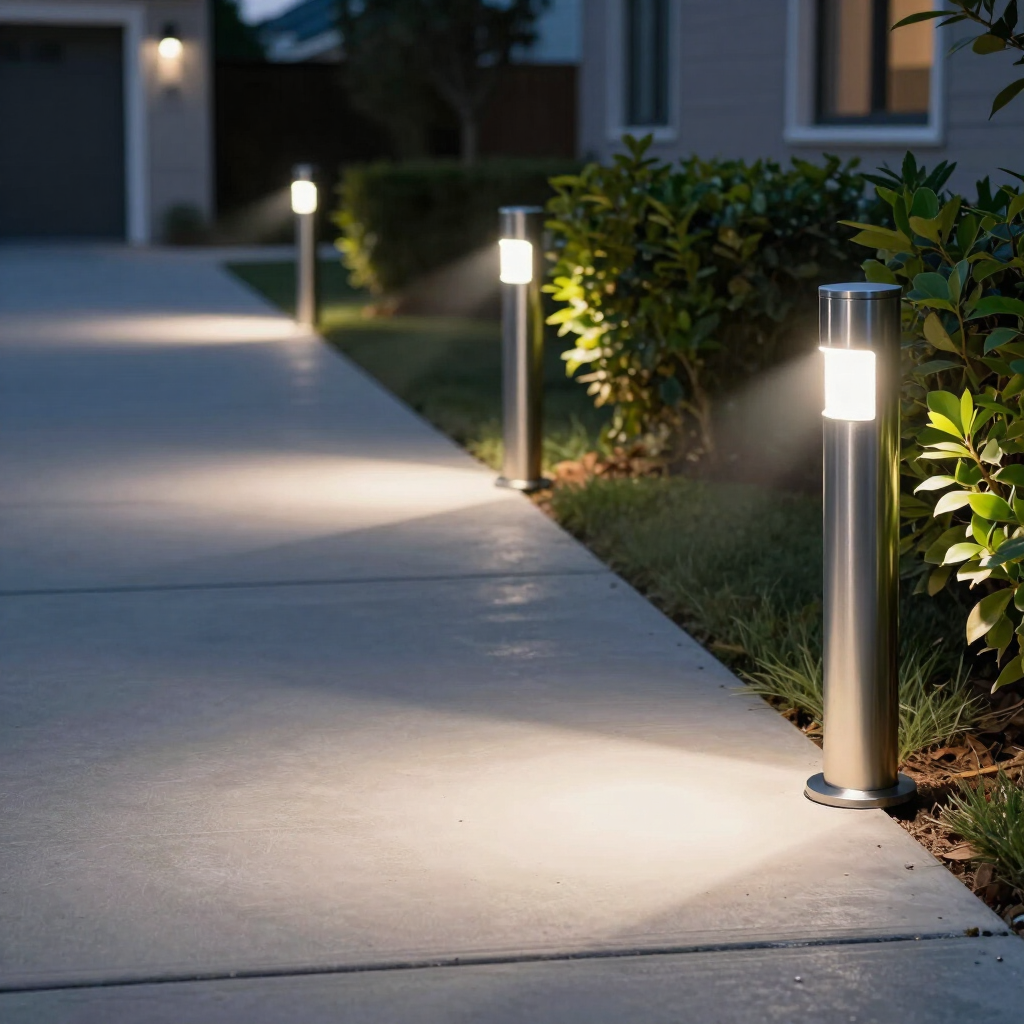 Lit sidewalk with modern garden path lights beside bushes at dusk