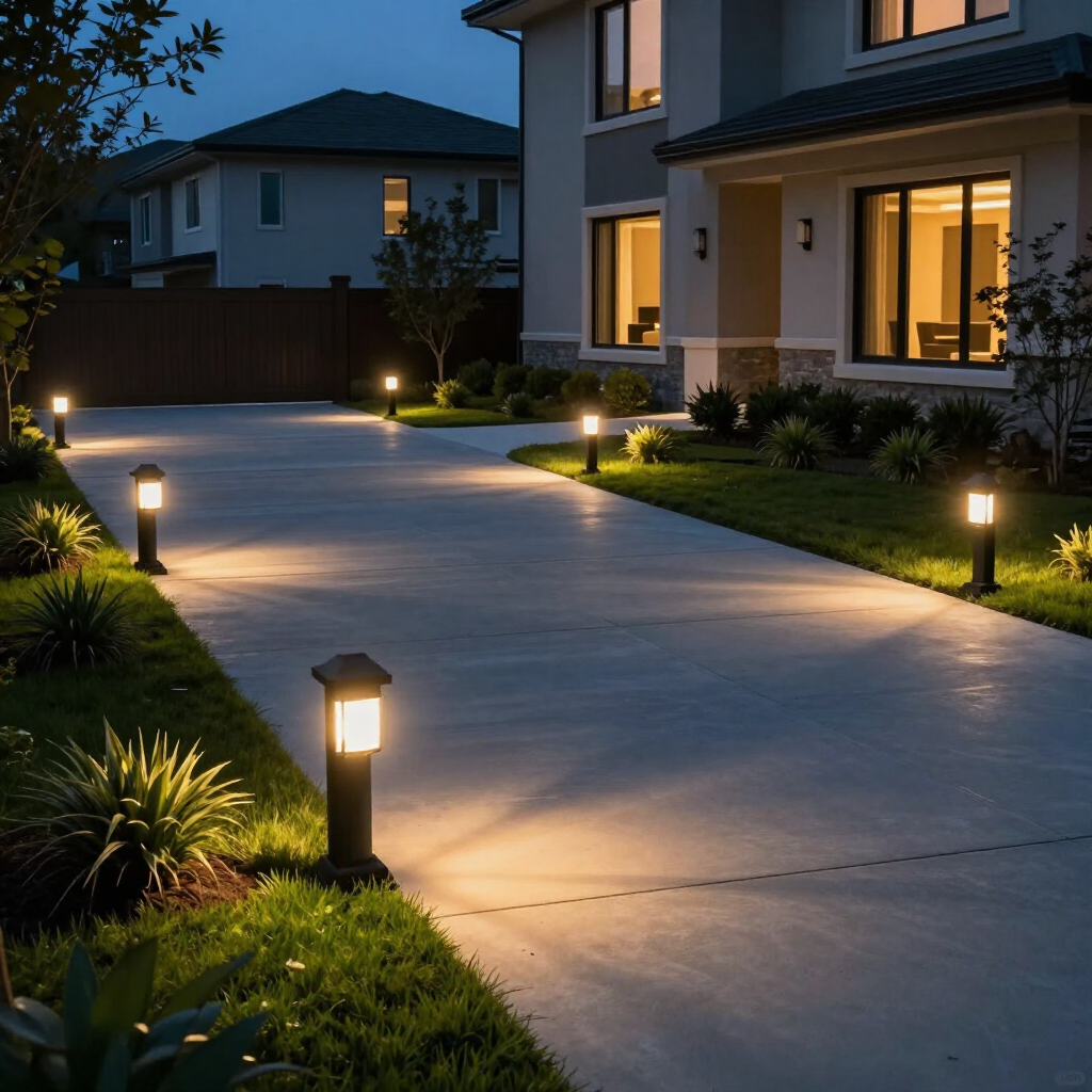 Modern house driveway at dusk with warm landscape lighting and lit windows