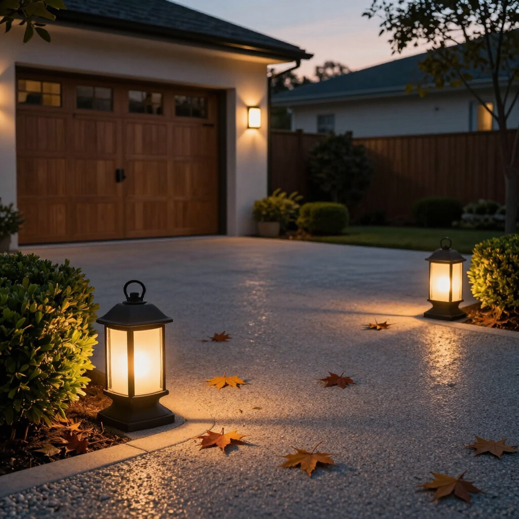 Lantern-lit driveway with garage, wet pavement, and scattered autumn leaves at dusk
