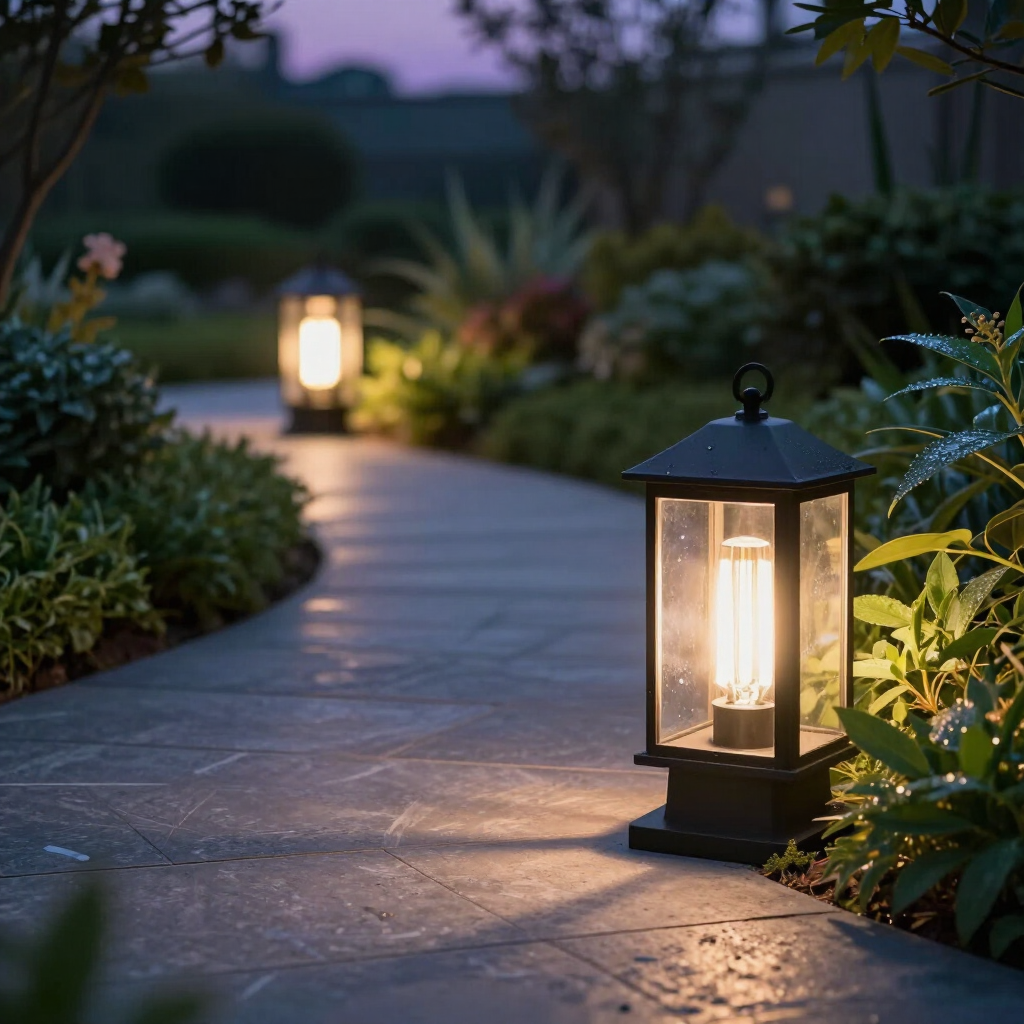 Lit garden path lined with black lanterns and lush greenery at dusk