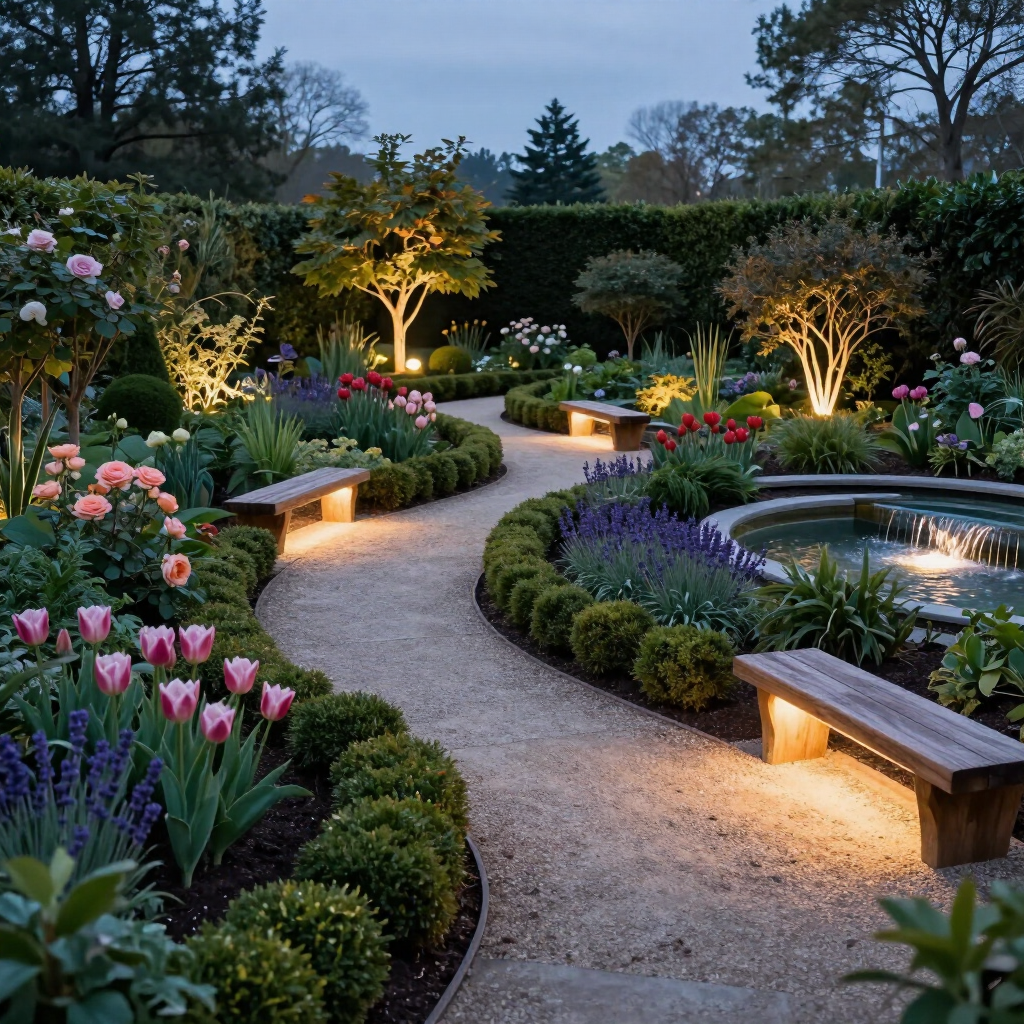 Illuminated garden path winding past flower beds, benches, and a small fountain at dusk