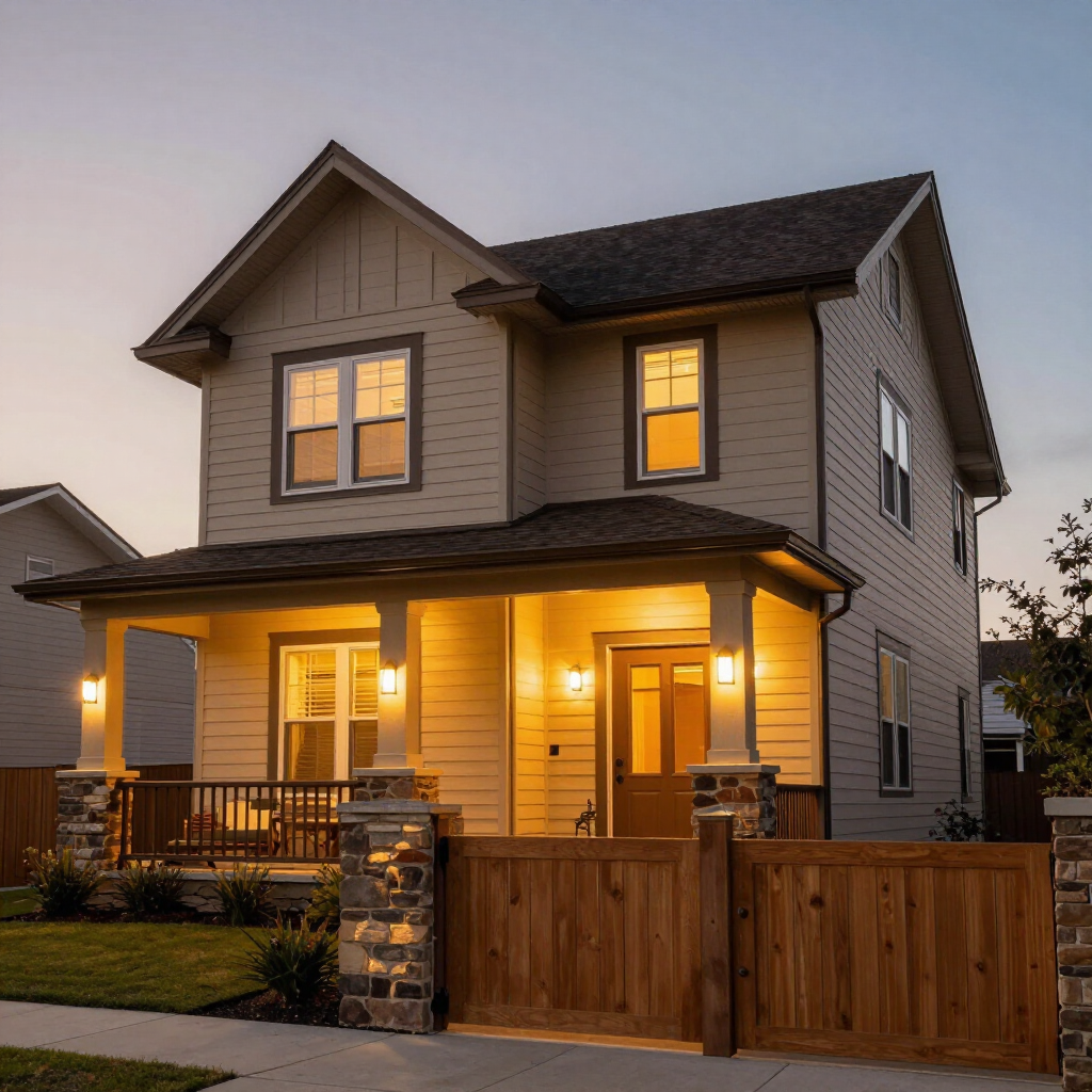 Two-story beige house at dusk with warm porch lights and a wooden front gate