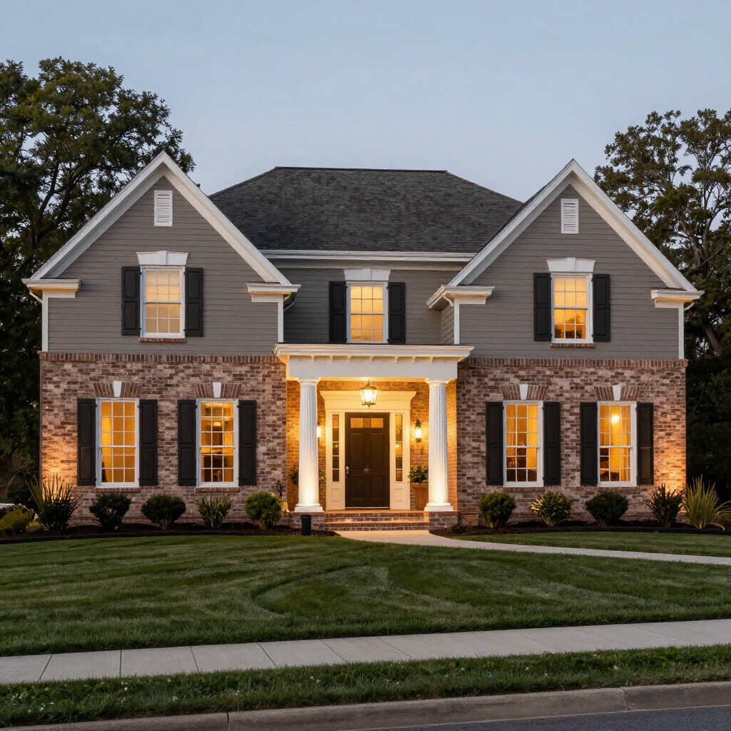 Two-story brick and gray suburban house with lit windows and a front lawn at dusk