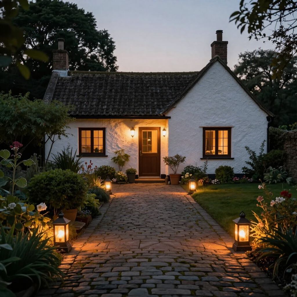 Cozy white cottage at dusk with lit windows, lanterns, and a cobblestone path leading to the front door