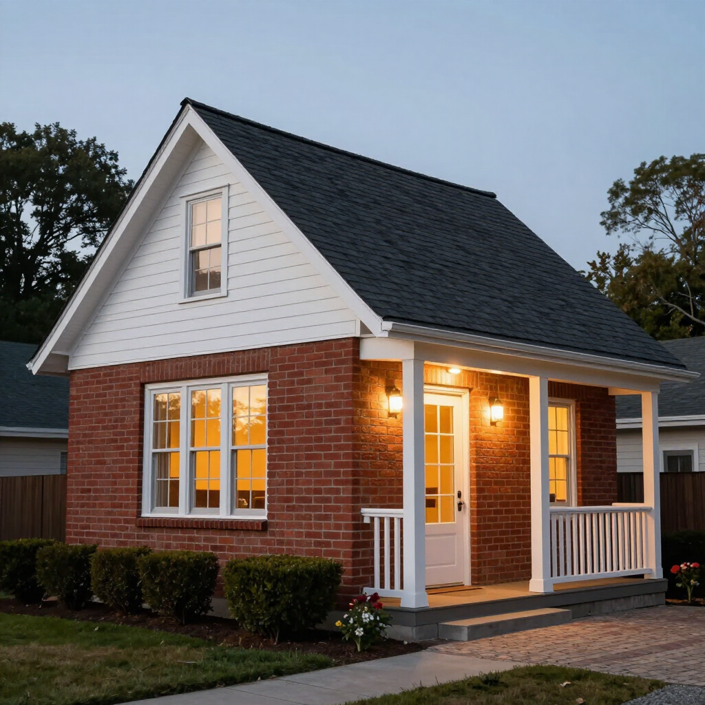 Small brick house with white trim and lit porch at dusk