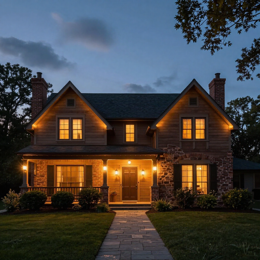 A warmly lit two-story house at dusk with a stone walkway and front lawn.