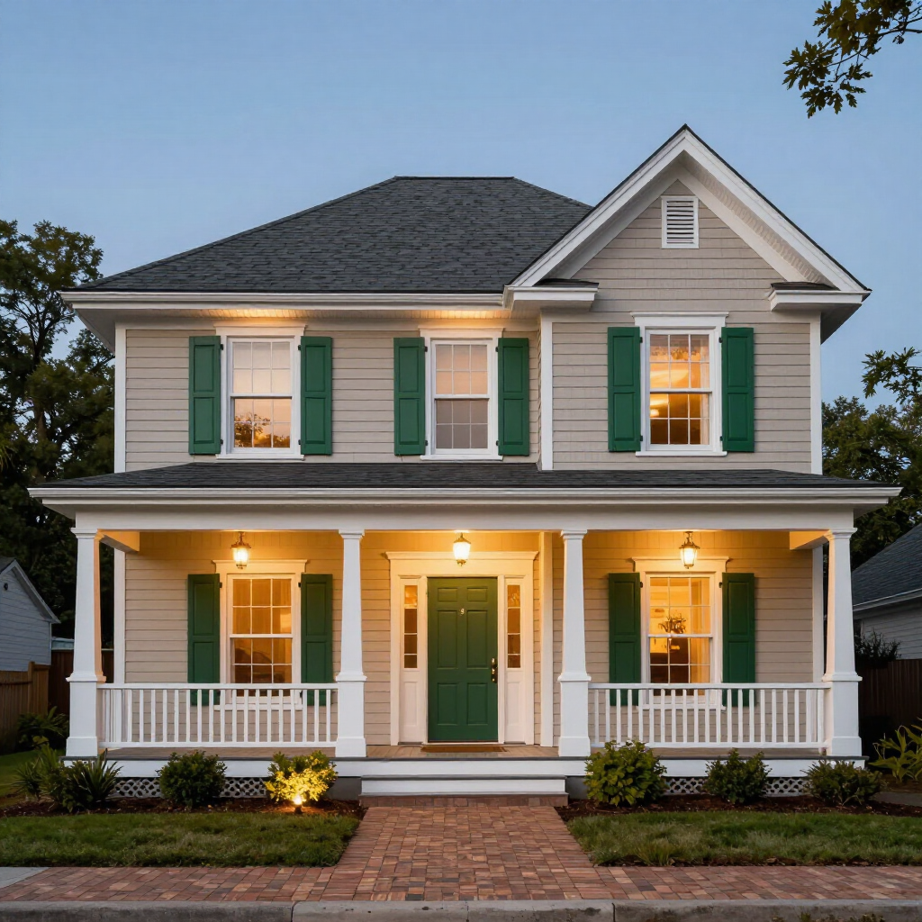 Two-story gray house with green shutters and a lit front porch at dusk