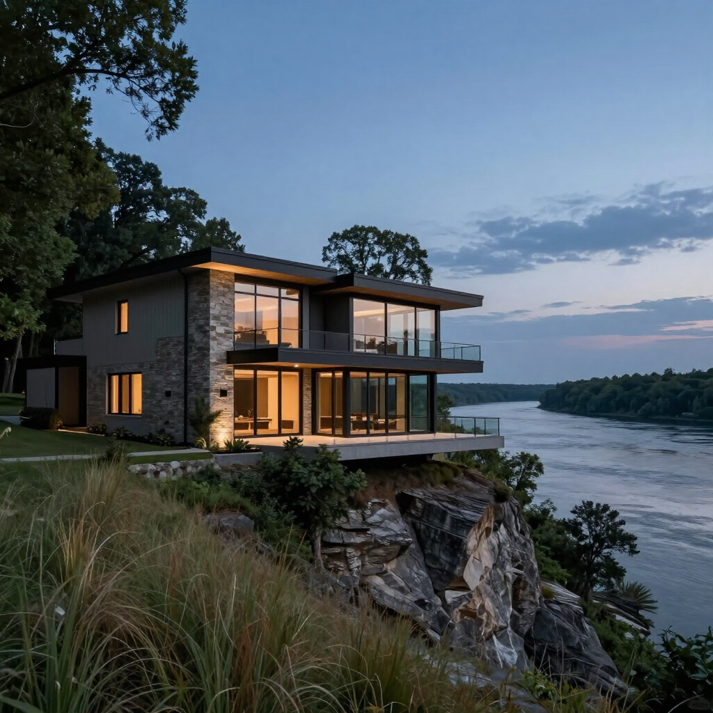 Modern cliffside house with warm lights overlooking a river at dusk
