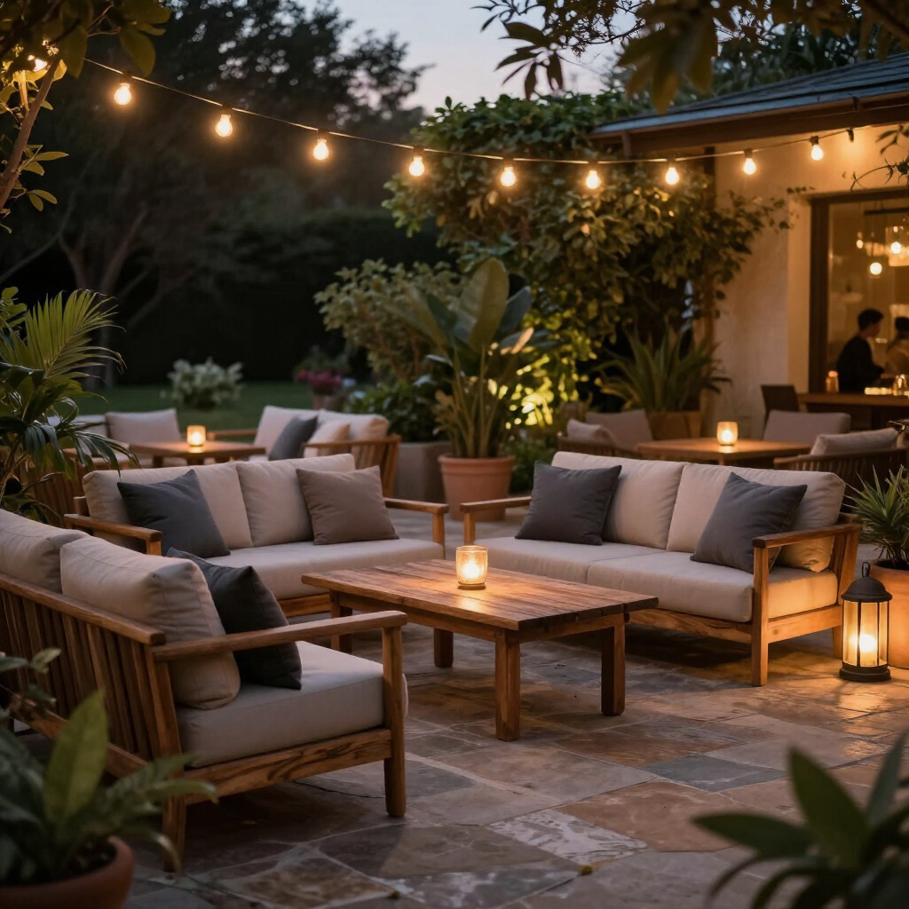 Cozy outdoor patio with cushioned seating, string lights, plants, and a warm evening glow