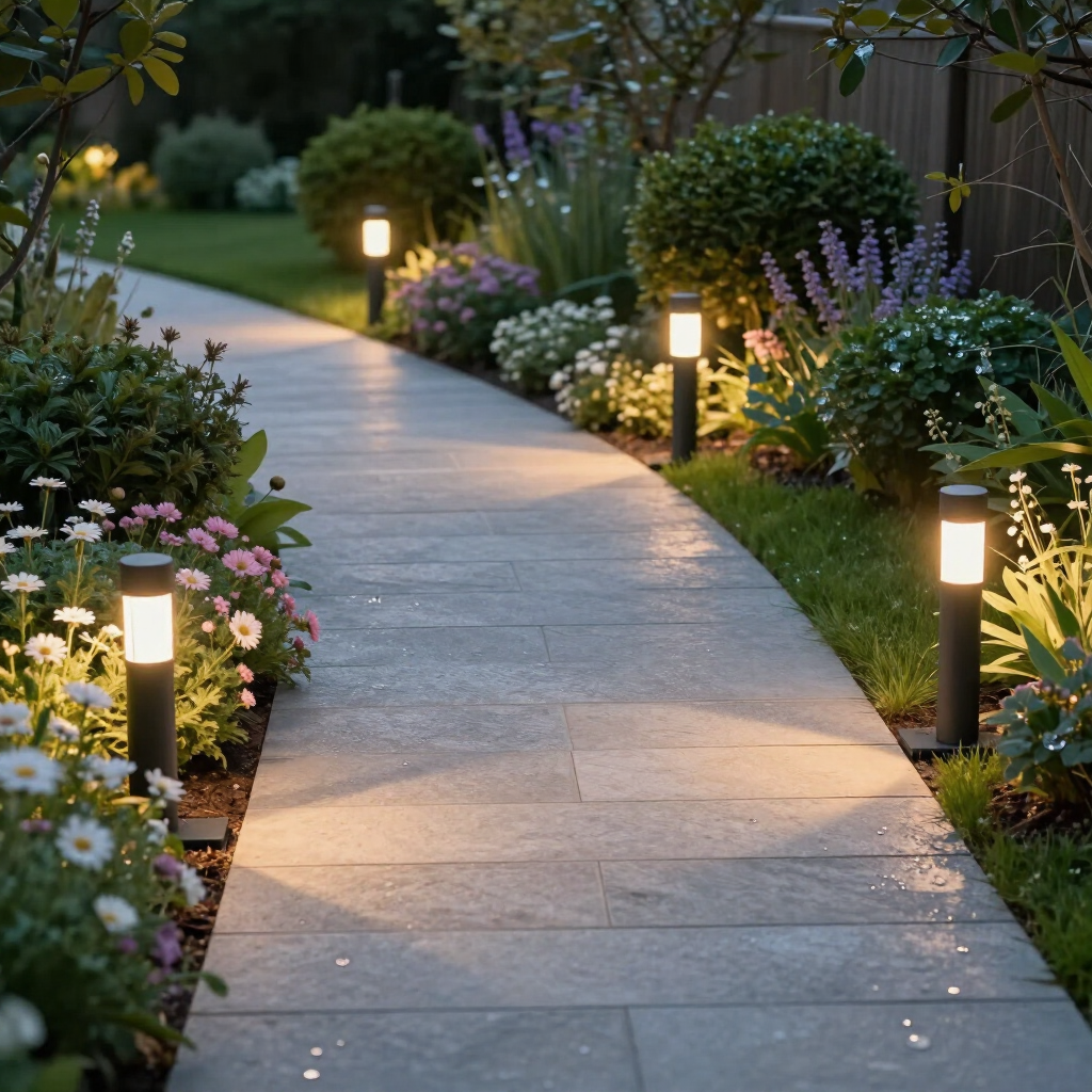 Curved garden walkway lit by small lanterns, bordered by flowers and shrubs at dusk.