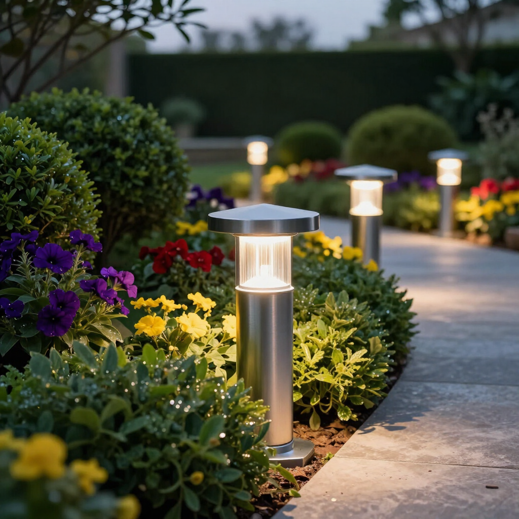 Lit garden path with glowing silver bollard lights, colorful flowers, and trimmed bushes at dusk