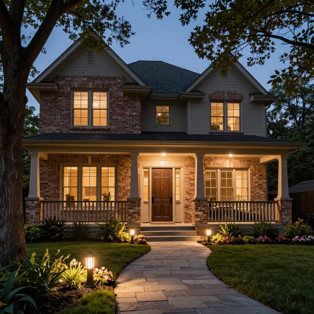 Two-story brick house at dusk with warm porch lights, lit windows, and a stone walkway through the front yard