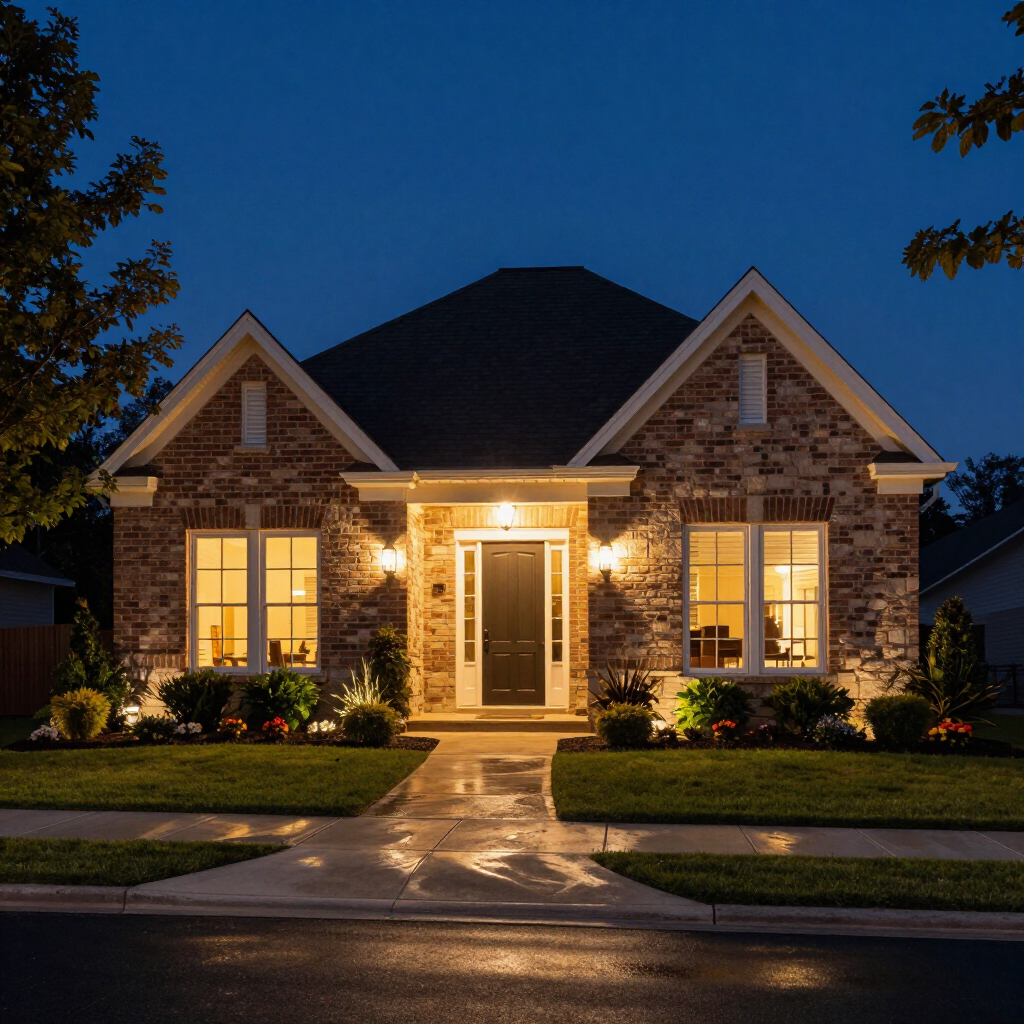 Brick house at dusk with warm porch lights and a lit walkway leading to the front door