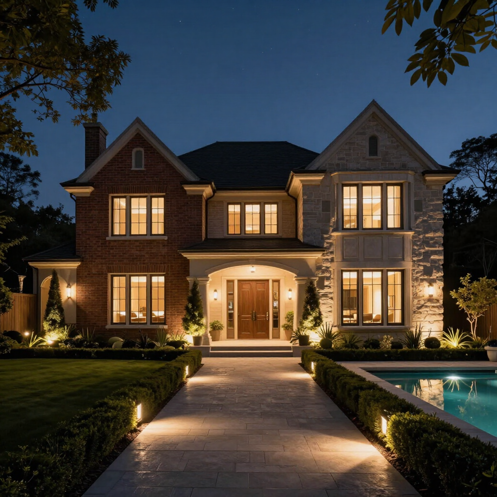 Large stone house lit at night beside a reflecting pool, with a illuminated front walkway and garden.