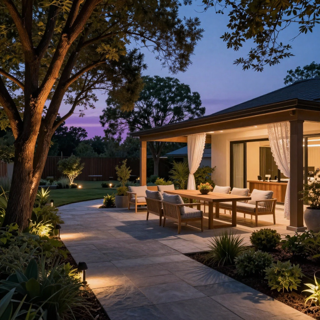 Outdoor patio dining area at dusk with warm lighting, stone walkway, large tree, and a modern house terrace