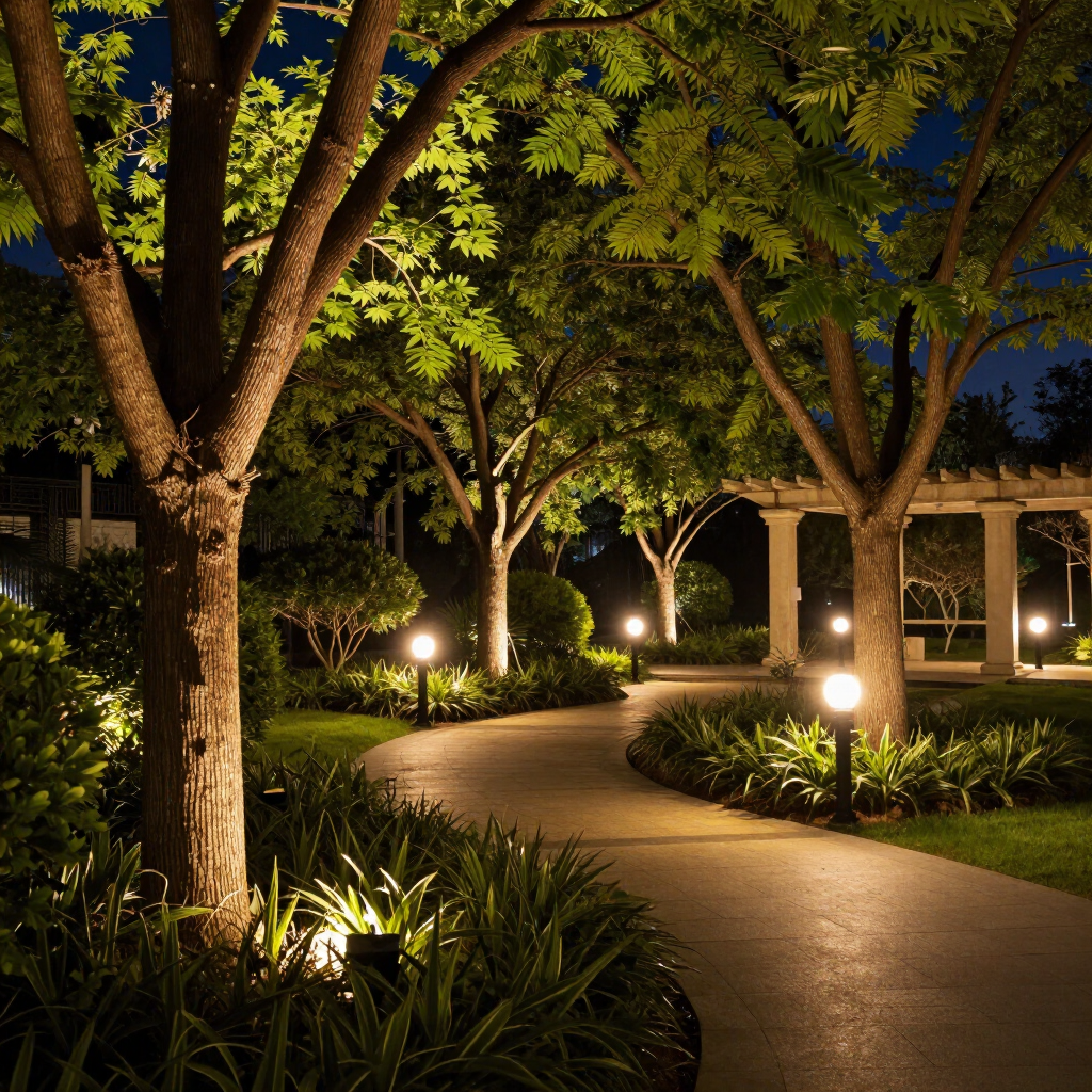 Lit garden path winding through trees and shrubs at night, illuminated by warm pathway lights.