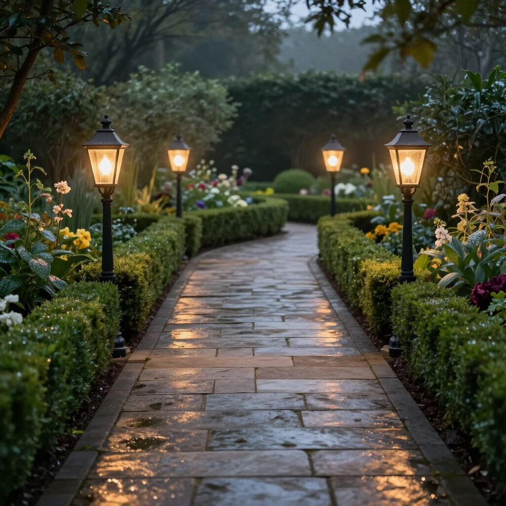 Lit stone garden path lined with warm lanterns and trimmed hedges at dusk